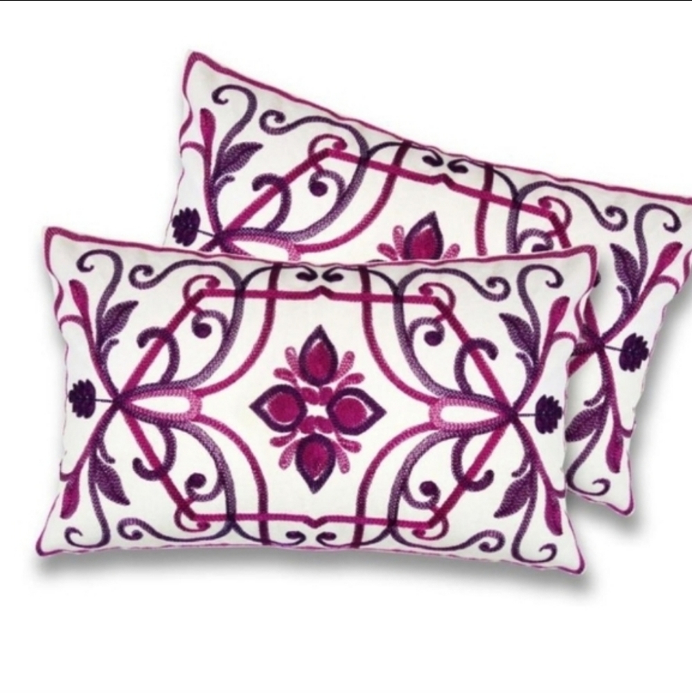 2 down feather pillows lumbar pink white embroidered